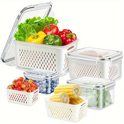 6-Pack BPA-Free Plastic Food Storage Containers with Lids for Refrigerator, Multifunctional Airtight Freshness Preserving Bins, Drainage Box Set for Fruits, Vegetables, and Kitchen Pantry Organization