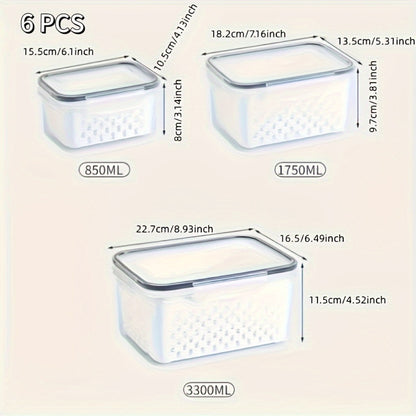 6-Pack BPA-Free Plastic Food Storage Containers with Lids for Refrigerator, Multifunctional Airtight Freshness Preserving Bins, Drainage Box Set for Fruits, Vegetables, and Kitchen Pantry Organization