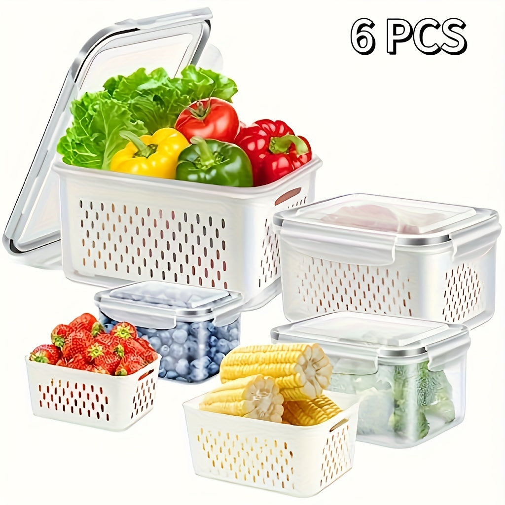 6-Pack BPA-Free Plastic Food Storage Containers with Lids for Refrigerator, Multifunctional Airtight Freshness Preserving Bins, Drainage Box Set for Fruits, Vegetables, and Kitchen Pantry Organization