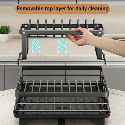 Dish Drying Rack, 2 Tier Dish Racks For Kitchen Counter, Large Stainless Steel Kitchen Dish Drying Rack With Drainboard, Detachable Dish Drainers With Utensil Holders