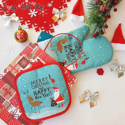 2pcs/set Christmas Baking Anti-Hot Gloves Pad Oven Dining BBQ Kitchen Mat New Year 2024 Natal Xmas Party Decoration Supplies