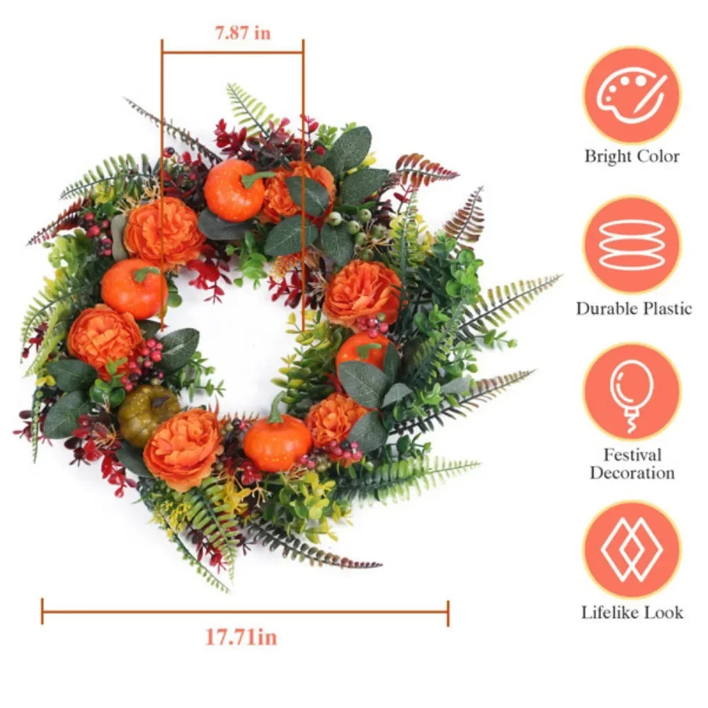 17.71" Autumn Wreath with Pumpkin Mixed Leaves Berries Flowers Fall Decoration for Indoor Outdoor Window Wall Front Door Wreath