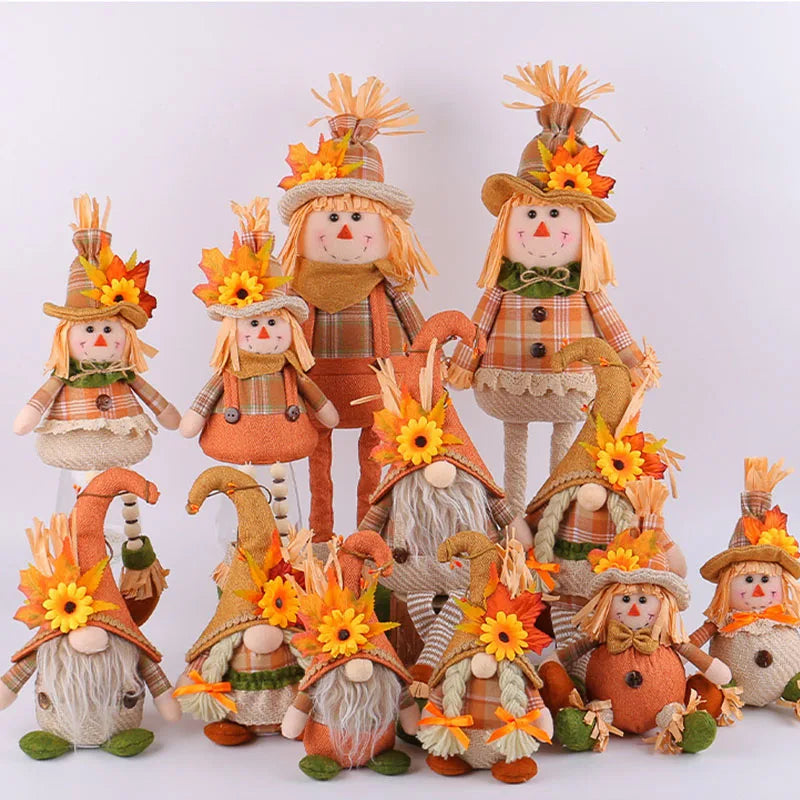 Halloween Gnomes Doll Harvest Season Maple Leaf Straw Hat Long Legs Plush Dwarf Dolls Autumn Halloween Thanksgiving Decoration