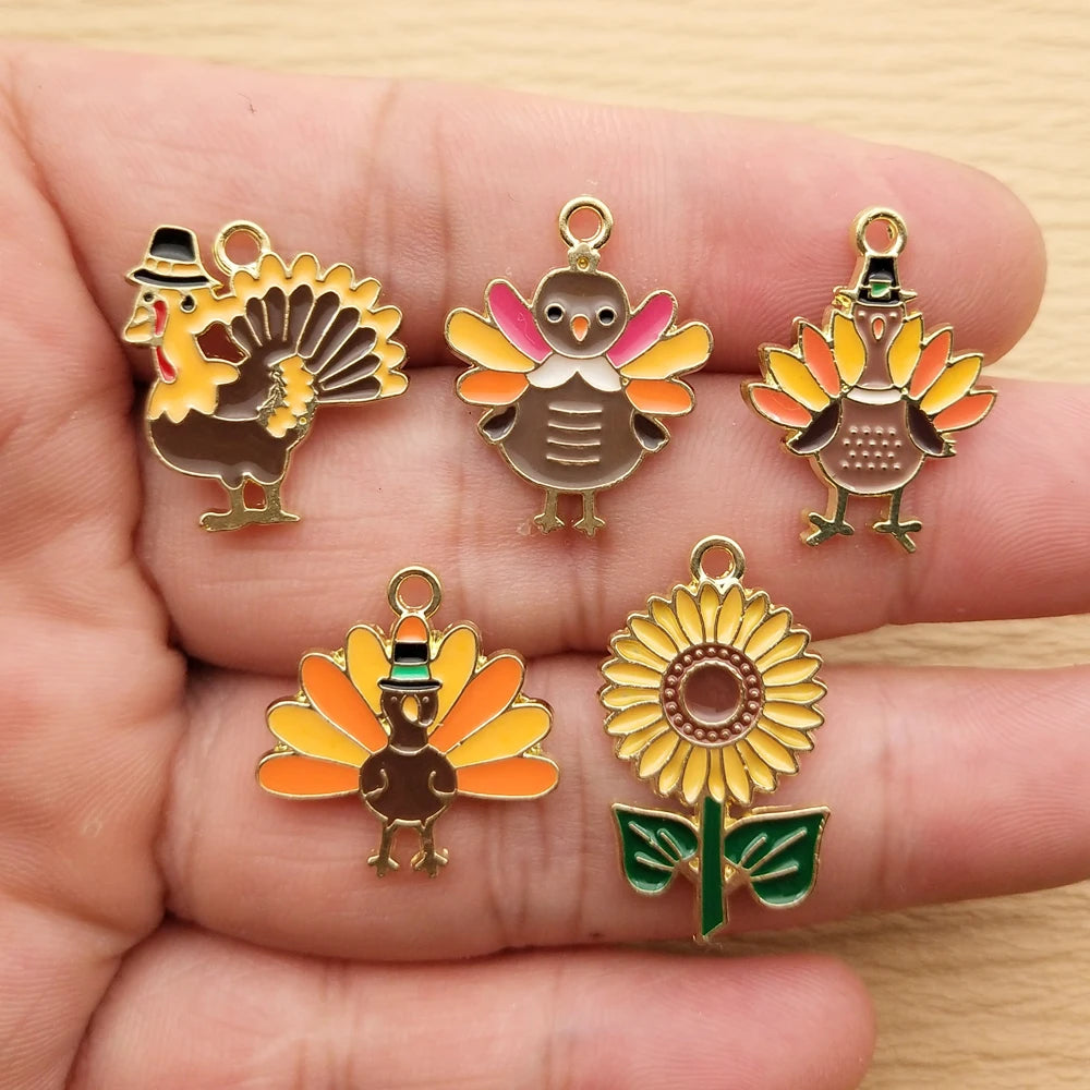 10pcs Thanksgiving Day Charm Jewelry Accessories Enamel Necklace Earring Pendant Diy Making Supplies Alloy Metal Gold Plated