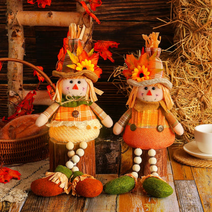 Halloween Gnomes Doll Harvest Season Maple Leaf Straw Hat Long Legs Plush Dwarf Dolls Autumn Halloween Thanksgiving Decoration