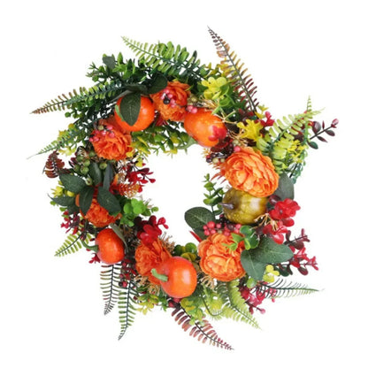 17.71" Autumn Wreath with Pumpkin Mixed Leaves Berries Flowers Fall Decoration for Indoor Outdoor Window Wall Front Door Wreath