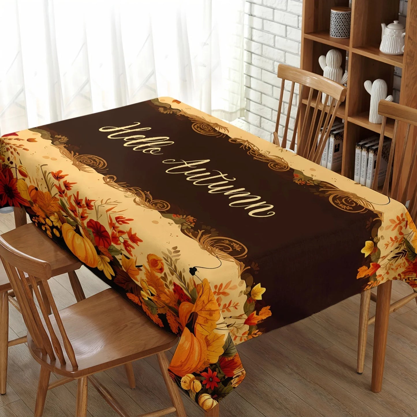 Fall Thanksgiving Rectangular Tablecloths Hello Autumn Pumpkin Maple Leaf Pattern Table Covers Reusable Party Dining Table Decor