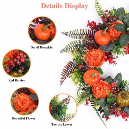 17.71" Autumn Wreath with Pumpkin Mixed Leaves Berries Flowers Fall Decoration for Indoor Outdoor Window Wall Front Door Wreath