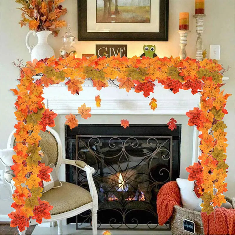 2M Artificial Fall Maple Leaf Garland Thanksgiving Halloween Christmas Home Decoration Wedding Party Craft Party Decor