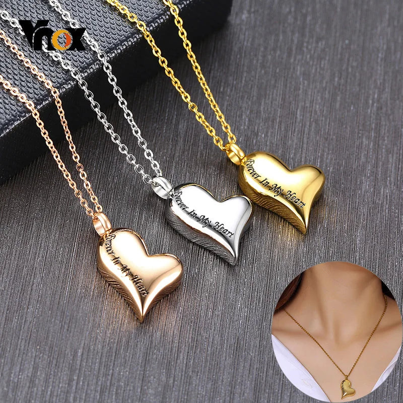 Vnox Engraved Forever In My Heart Cremation Ash Urn Pendant for Women Necklace Stainless Steel Memorial Jewelry