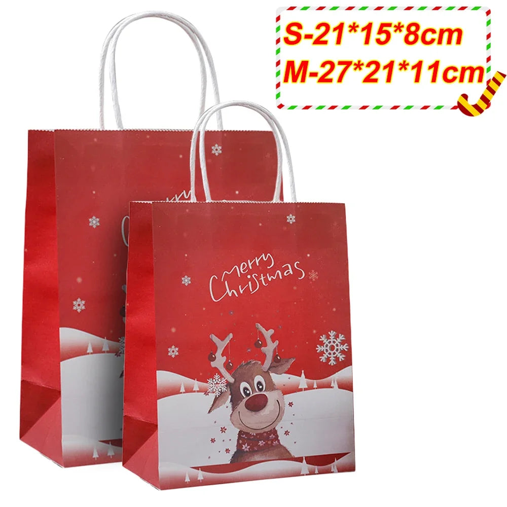 Christmas Kraft Paper Bags 2024 New Year Cute Santa Claus Gift Box Holiday Party Children Candy Cookie Packaging Bag with Handle