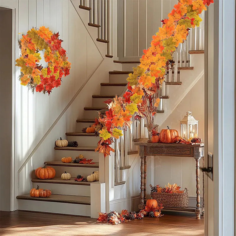 2M Artificial Fall Maple Leaf Garland Thanksgiving Halloween Christmas Home Decoration Wedding Party Craft Party Decor