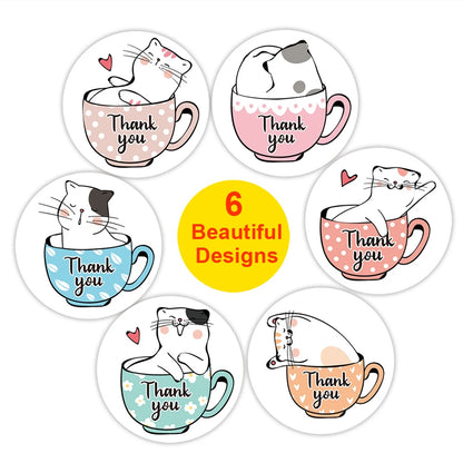 50-500Pcs 1Inch Thank You Cats Stickers For Kids Reward Stickers Thanksgiving Labels Toys 6 Beautiful Designs