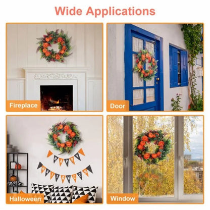 17.71" Autumn Wreath with Pumpkin Mixed Leaves Berries Flowers Fall Decoration for Indoor Outdoor Window Wall Front Door Wreath