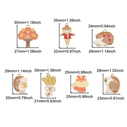 7PCS Enamel Autumn Harvest Charms Mixed Alloy Maple Tree Wheat Hedgehog Fox Scarecrow Thanksgiving Day Pendant Jewelry Accessory