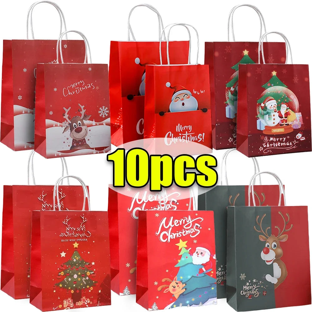 Christmas Kraft Paper Bags 2024 New Year Cute Santa Claus Gift Box Holiday Party Children Candy Cookie Packaging Bag with Handle