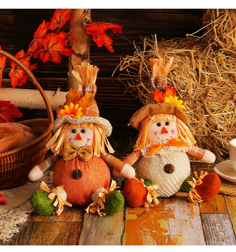 Halloween Gnomes Doll Harvest Season Maple Leaf Straw Hat Long Legs Plush Dwarf Dolls Autumn Halloween Thanksgiving Decoration