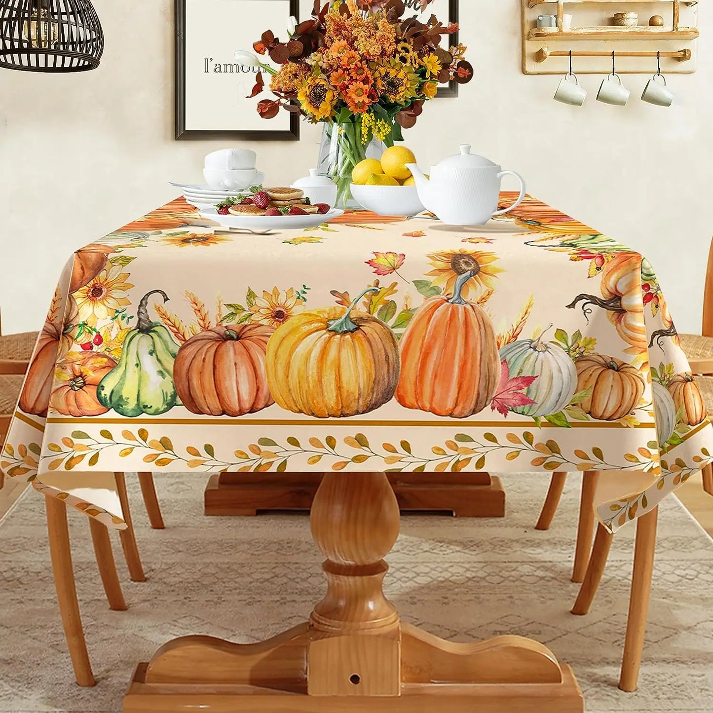 Autumn Pumpkin Pattern Tablecloth Rectangular Home Thanksgiving Decoration Suitable for Party Table Outdoor Decor Tablecloth