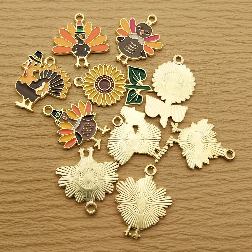 10pcs Thanksgiving Day Charm Jewelry Accessories Enamel Necklace Earring Pendant Diy Making Supplies Alloy Metal Gold Plated