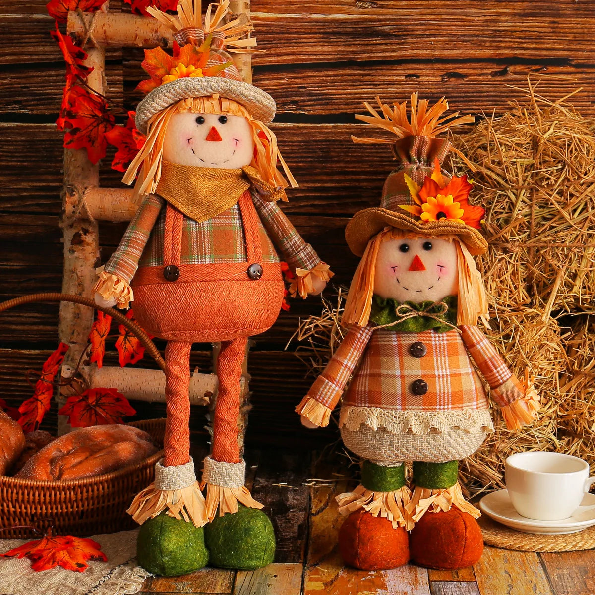 Halloween Gnomes Doll Harvest Season Maple Leaf Straw Hat Long Legs Plush Dwarf Dolls Autumn Halloween Thanksgiving Decoration