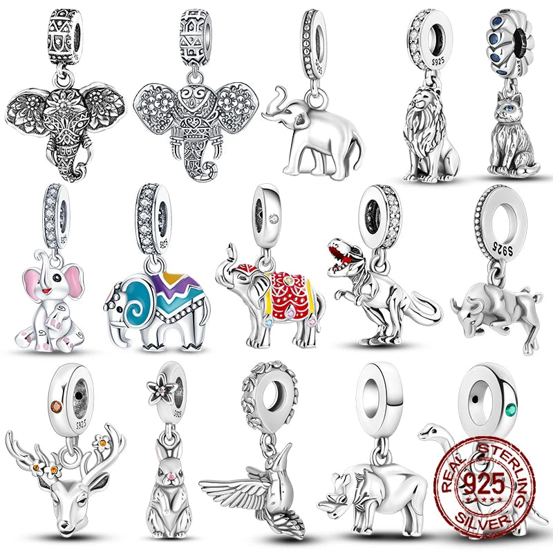 925 Silver elephant lion rhinoceros dinosaur Animal Charms Beads Fit 4MM hole diamet Bracelets Fine DIY Christmas Jewelry Gifts