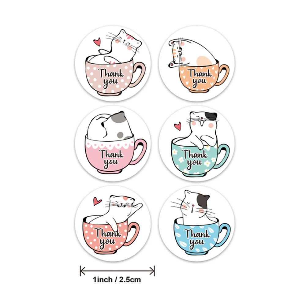 50-500Pcs 1Inch Thank You Cats Stickers For Kids Reward Stickers Thanksgiving Labels Toys 6 Beautiful Designs