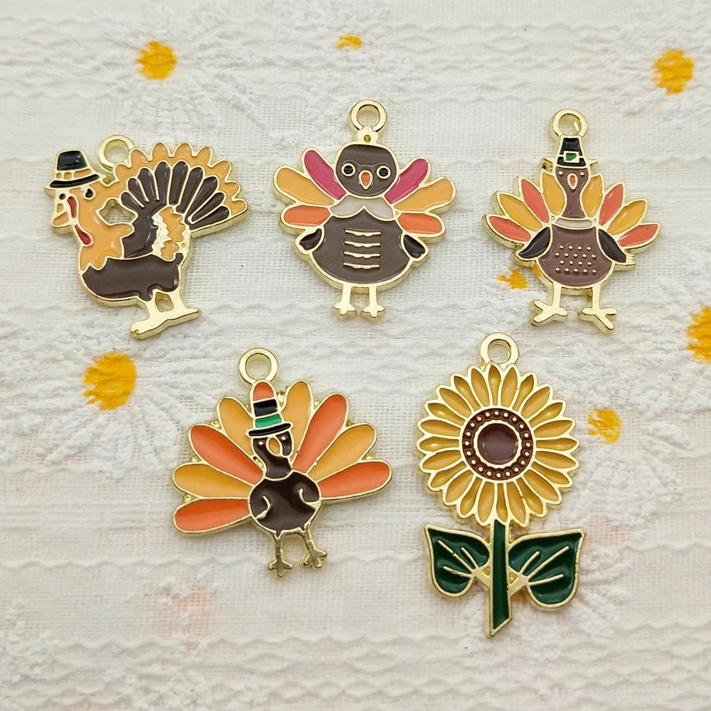 10pcs Thanksgiving Day Charm Jewelry Accessories Enamel Necklace Earring Pendant Diy Making Supplies Alloy Metal Gold Plated