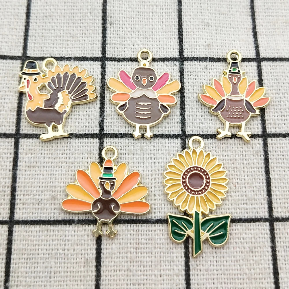 10pcs Thanksgiving Day Charm Jewelry Accessories Enamel Necklace Earring Pendant Diy Making Supplies Alloy Metal Gold Plated