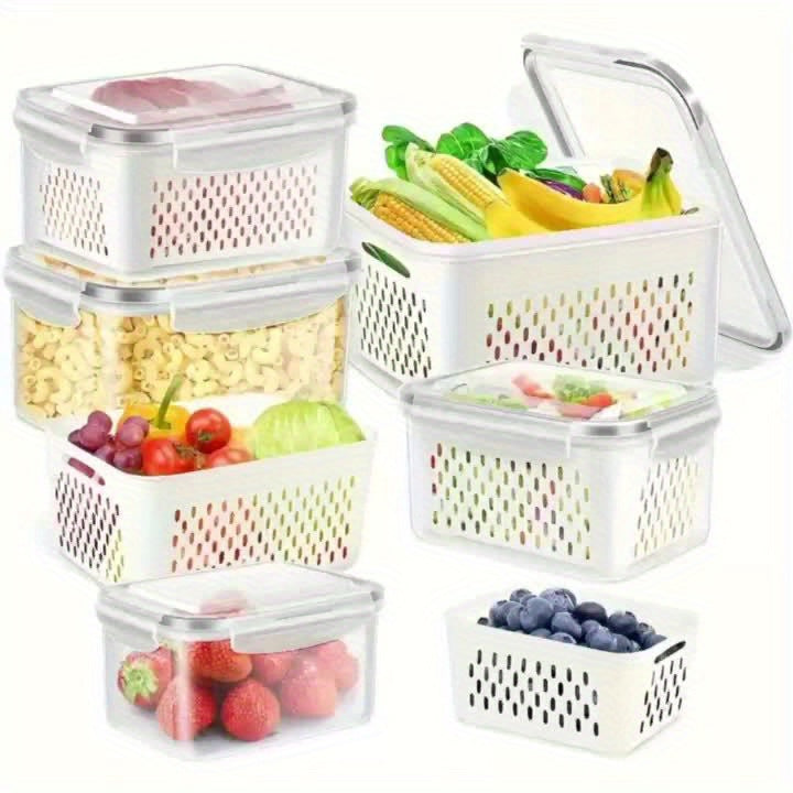 6-Pack BPA-Free Plastic Food Storage Containers with Lids for Refrigerator, Multifunctional Airtight Freshness Preserving Bins, Drainage Box Set for Fruits, Vegetables, and Kitchen Pantry Organization